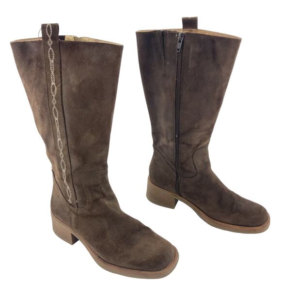 Nine West Women's Brown Embroidered Side Zip Pull On Leather Riding Boots 5/5.5 - Picture 1 of 7